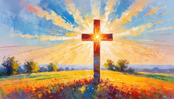 A stunning sunset illuminates a large wooden cross, radiating colorful rays of light. In the distance, a quaint chapel completes this serene rural landscape. A radiant sun shining through a cross. AI