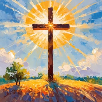 A stunning sunset illuminates a large wooden cross, radiating colorful rays of light. In the distance, a quaint chapel completes this serene rural landscape. A radiant sun shining through a cross. AI