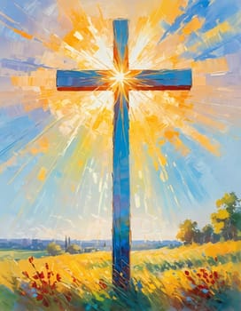 A stunning sunset illuminates a large wooden cross, radiating colorful rays of light. In the distance, a quaint chapel completes this serene rural landscape. A radiant sun shining through a cross. AI