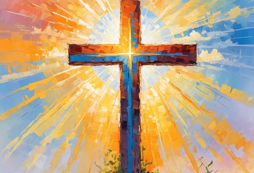 A stunning sunset illuminates a large wooden cross, radiating colorful rays of light. In the distance, a quaint chapel completes this serene rural landscape. A radiant sun shining through a cross. AI