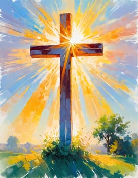 A stunning sunset illuminates a large wooden cross, radiating colorful rays of light. In the distance, a quaint chapel completes this serene rural landscape. A radiant sun shining through a cross. AI