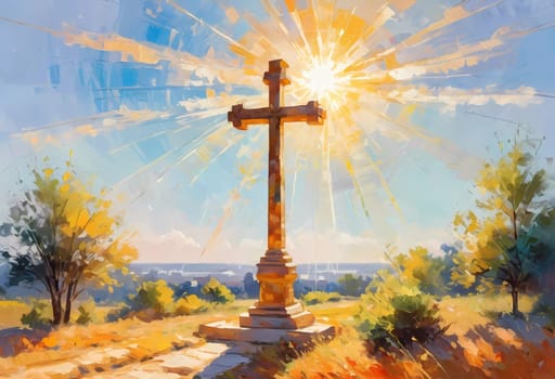 A stunning sunset illuminates a large wooden cross, radiating colorful rays of light. In the distance, a quaint chapel completes this serene rural landscape. A radiant sun shining through a cross. AI