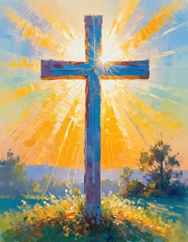 A stunning sunset illuminates a large wooden cross, radiating colorful rays of light. In the distance, a quaint chapel completes this serene rural landscape. A radiant sun shining through a cross. AI