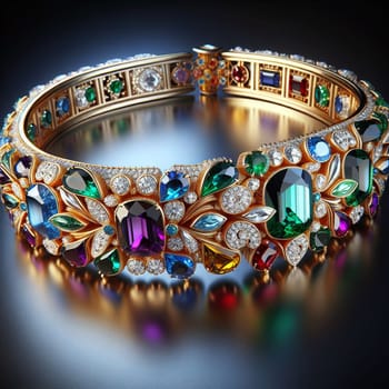 A close-up of a gold bracelet with various colored gemstones, creating a luxurious and elegant design. A high-quality photo.