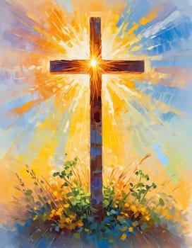 A stunning sunset illuminates a large wooden cross, radiating colorful rays of light. In the distance, a quaint chapel completes this serene rural landscape. A radiant sun shining through a cross. AI