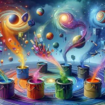 A surreal and whimsical illustration of paint cans with swirling colors and celestial objects, representing the creative process and boundless imagination. A high-quality photo.