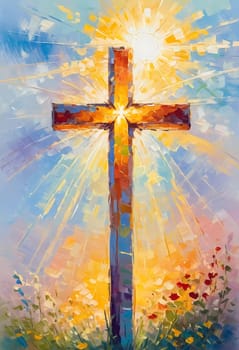 A stunning sunset illuminates a large wooden cross, radiating colorful rays of light. In the distance, a quaint chapel completes this serene rural landscape. A radiant sun shining through a cross. AI