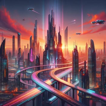A futuristic cityscape with glowing neon lights and flying vehicles, representing technological advancement and urban development. A high-quality photo.