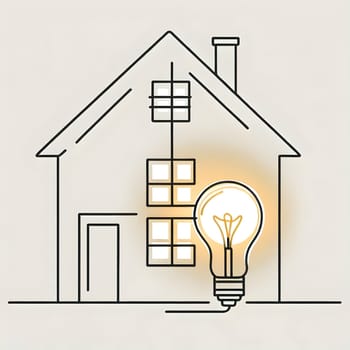 A simple line drawing of a house with a lightbulb, representing energy efficiency and sustainable living. A high-quality photo.