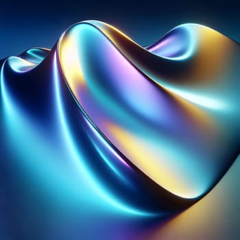 A 3D rendering of a wave-like, metallic surface with blue, purple, and gold hues, creating a futuristic and dynamic design. A high-quality photo.