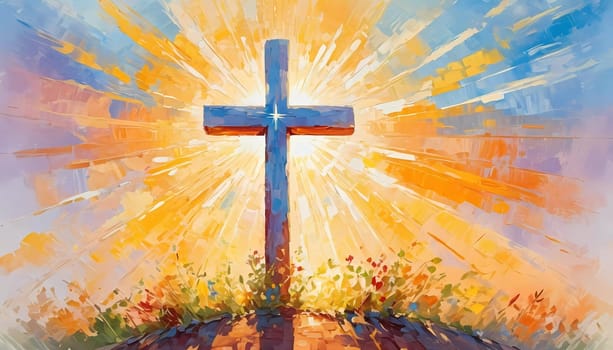 A stunning sunset illuminates a large wooden cross, radiating colorful rays of light. In the distance, a quaint chapel completes this serene rural landscape. A radiant sun shining through a cross. AI
