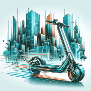 A black electric scooter speeding through a futuristic cityscape, representing modern transportation and urban mobility. A high-quality photo.