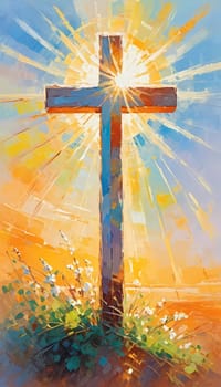 A stunning sunset illuminates a large wooden cross, radiating colorful rays of light. In the distance, a quaint chapel completes this serene rural landscape. A radiant sun shining through a cross. AI