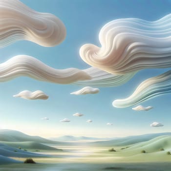 A 3D rendering of a landscape with soft, flowing clouds in a pastel blue sky, creating a dreamy and ethereal atmosphere. A high-quality photo.