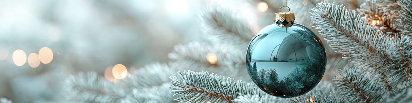 A refined advertising image featuring a dark green Christmas ornament hanging from a fluffy pine branch against a soft white background. The minimalist composition includes one-third open space for customizable text, perfect for festive branding or holiday greetings in a subdued, elegant style. Low lighting adds depth and richness to the ornament's color and texture.