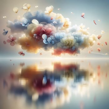 A whimsical and dreamy illustration of flowers blooming from clouds, with butterflies flying above a reflective water surface. A high-quality photo.