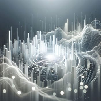 An abstract image of a digital city with glowing white buildings and a circular data network, creating a futuristic and technological atmosphere. A high-quality photo.