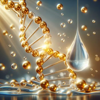 A 3D rendering of a golden DNA helix with a falling drop of liquid, representing the connection between science, technology, and nature. A high-quality photo.