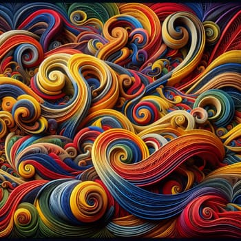 An abstract image of a colorful, intricate design made from paper strips, creating a swirling and dynamic pattern. A high-quality photo.