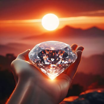 A hand holding a large, sparkling diamond against a sunset backdrop, representing wealth, success, and aspiration. A high-quality photo.