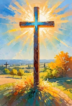 A stunning sunset illuminates a large wooden cross, radiating colorful rays of light. In the distance, a quaint chapel completes this serene rural landscape. A radiant sun shining through a cross. AI