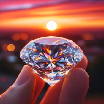A hand holding a large, sparkling diamond against a sunset backdrop, representing wealth, success, and aspiration. A high-quality photo.