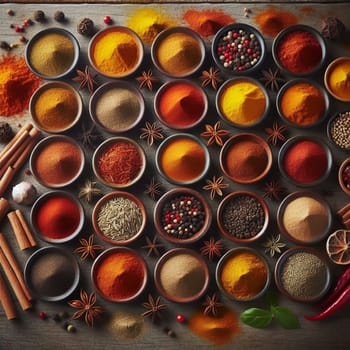 A variety of colorful spices arranged in small bowls on a wooden surface, with additional spices and ingredients scattered around them. A high-quality photo.