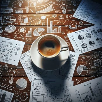 A cup of coffee with steam rising above it on a wooden table, surrounded by handwritten sketches and diagrams. A high-quality photo.