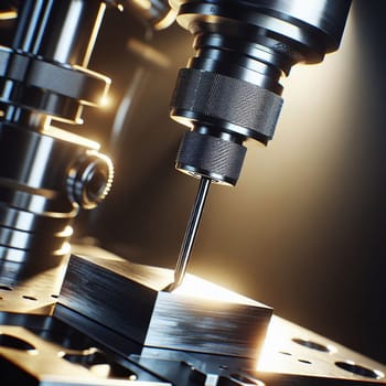A close-up of a metal drill bit rotating rapidly against a metal block. The image is lit with a warm, golden light, highlighting the intricate of the machine and the process. A high-quality photo.