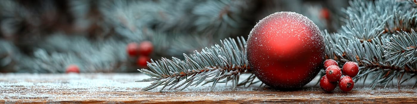 A clean and close-up advertising image showcasing a shiny red Christmas ornament hanging from a lush green pine branch, set against a pure white background. The minimalist design leaves one-third of the space open for text, making it ideal for holiday marketing, seasonal messages, or festive branding needs.