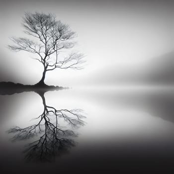 A minimalist black and white photograph of a bare tree reflected in a still lake, creating a serene and contemplative atmosphere. A high-quality photo.