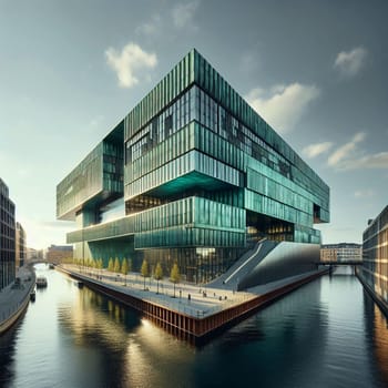 An image of a modern, green-glass building with a unique architectural design, surrounded by water and reflected in the water. A high-quality photo.
