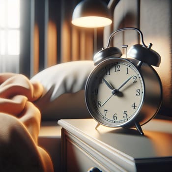 A classic alarm clock on a bedside table, representing the start of a new day, with a soft, warm light shining in the background. A high-quality photo.