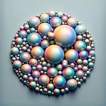 A circular arrangement of iridescent, spherical bubbles, arranged in a gradient pattern with a light blue background. A high-quality photo.