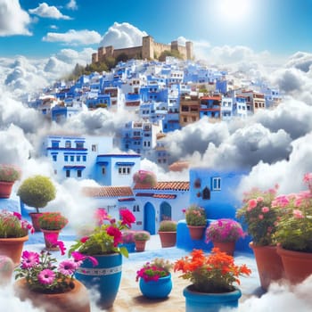 A surreal image of a blue city with buildings and a castle, floating above a sea of clouds with colorful flowers in pots in the foreground. A high-quality photo.