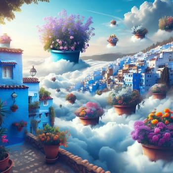 A surreal image of a blue city with buildings and a castle, floating above a sea of clouds with colorful flowers in pots in the foreground. A high-quality photo.