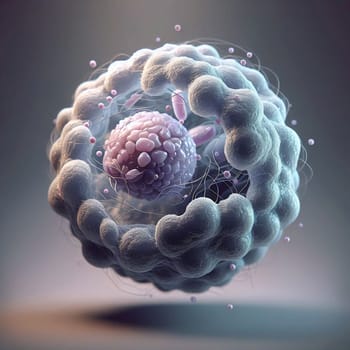 A 3D rendering of a cell with a nucleus and surrounding structures, representing the fundamental building block of life. A high-quality photo.