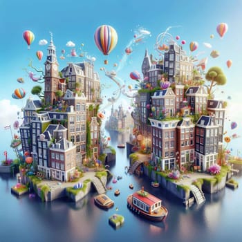 A surreal image of a Dutch canal city with floating houses, hot air balloons, and other fantastical elements, creating a whimsical and colorful scene. A high-quality photo.