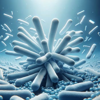 A 3D rendering of a cluster of bacteria, representing the microscopic world of microorganisms. A high-quality photo.