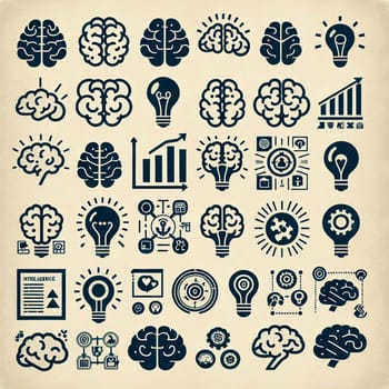 A collection of black and white icons representing brains, light bulbs, and graphs, symbolizing intelligence, creativity, and growth, on a vintage background. A high-quality photo.