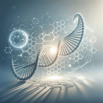 A 3D rendering of a DNA helix against a background of a honeycomb and a molecular structure, representing the intricate complexity of life. A high-quality photo.