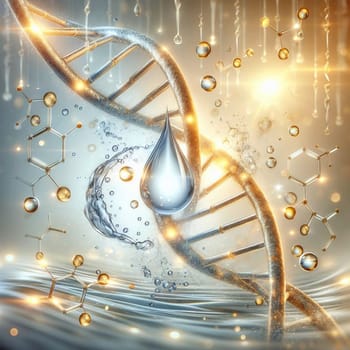 A 3D rendering of a DNA helix with a water drop, representing the connection between science, technology, and nature. A high-quality photo.
