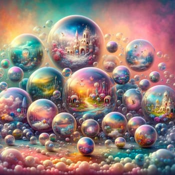 An image of many colorful, glowing bubbles, each containing a different miniature landscape, some with buildings, flowers, and animals, creating a dreamy and magical atmosphere. A high-quality photo.