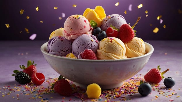 A bowl of assorted ice cream scoops with various fruits and sprinkles, set against a purple background with gold confetti falling. A high-quality photo.