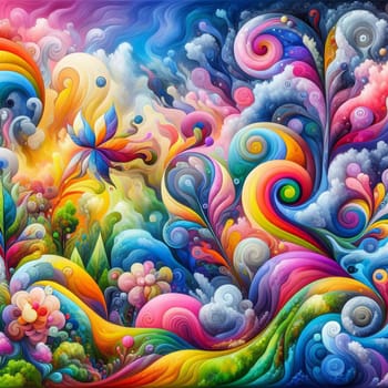 An abstract image of a colorful, swirling landscape with flowers, clouds, and a butterfly. A high-quality photo.