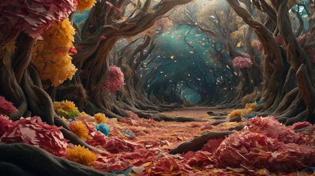 A magical forest with colorful paper flowers scattered on the ground and trees, creating a whimsical and enchanting atmosphere. A high-quality photo.