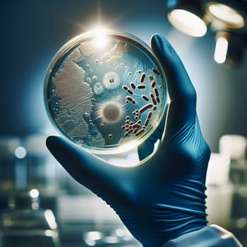 A gloved hand holds a petri dish filled with various bacterial and fungal cultures, representing scientific research and microbiology. A high-quality photo.