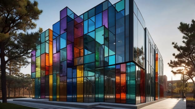 A modern, colorful glass building with a unique architectural design. A high-quality photo.