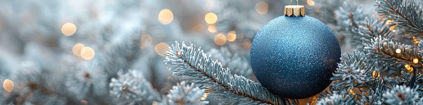 A sophisticated advertising photo of a dark blue Christmas ornament hanging from a plush pine branch, with a clean white background. The image features ample space on one-third for customizable text, ideal for seasonal marketing. Low lighting enhances the richness of the dark blue color, adding depth and elegance to the composition.