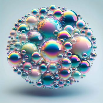A circular arrangement of iridescent, spherical bubbles, arranged in a gradient pattern with a light blue background. A high-quality photo.